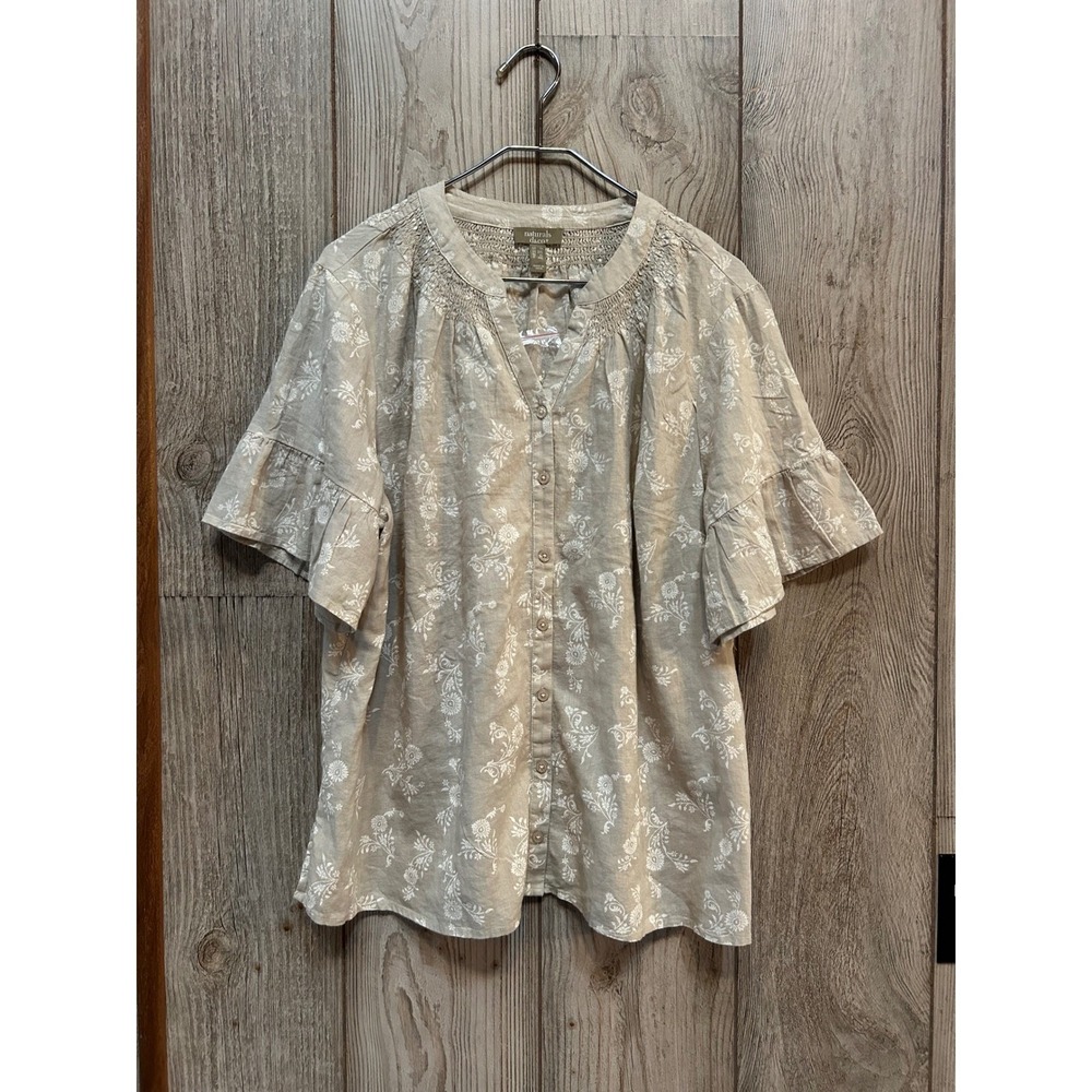 Naturals d&co Linen Blend Floral Smocked Button Front Blouse Beige Plus Size 1X